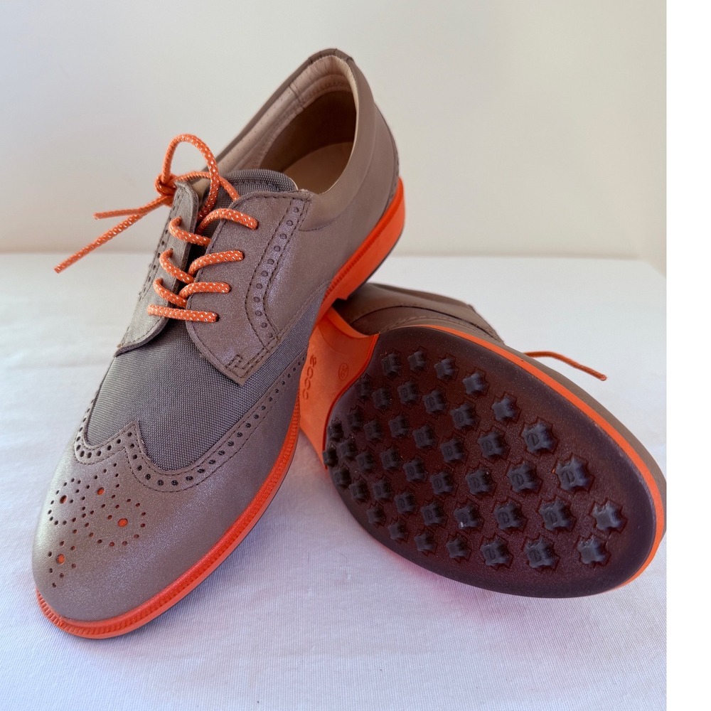 ECCO Womens Golf Shoes Hydromax Wingtip Brogue Taupe Orange Spikeless EU39 US8.5